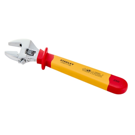 Photo of STANLEY STMT77766-LA insulated adjustable wrench, yellow and red handle, side angle on white background.
