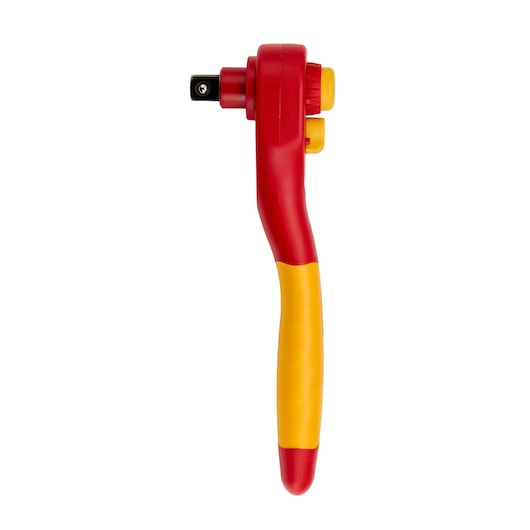 STANLEY STMT77828-LA insulated ratchet with red and yellow handle, side angle on white background.