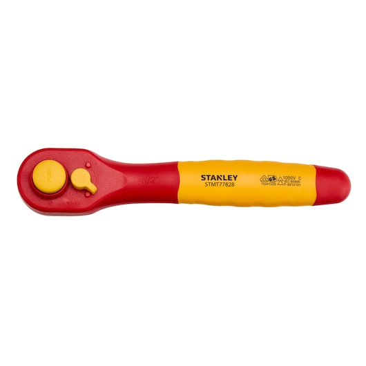 STANLEY STMT77828 insulated ratchet in red and yellow, top view on white background, ergonomic handle.