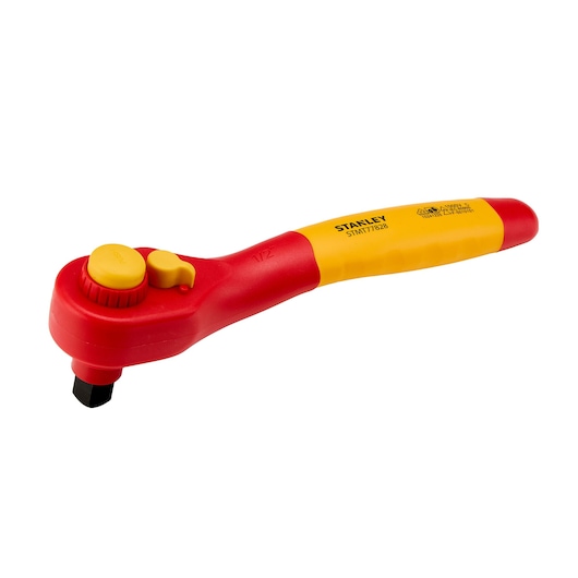 STANLEY STMT77828-LA insulated red and yellow ratchet wrench, side angle, on white background.