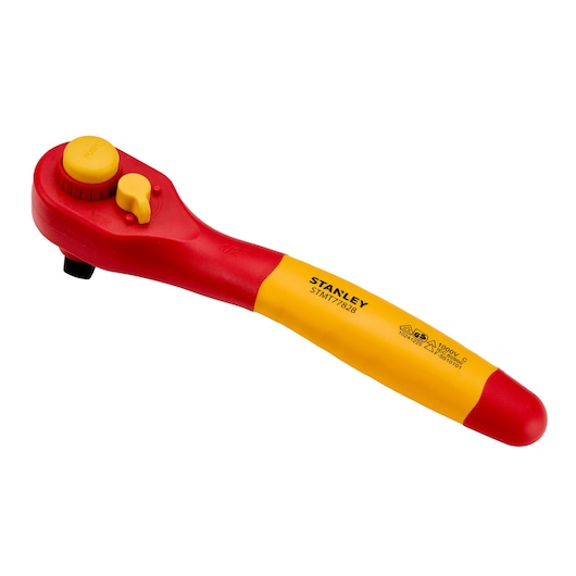 STANLEY STMT77828-LA insulated ratchet with red and yellow handle, left angle on white background.