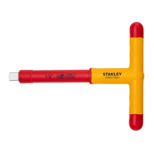 STANLEY STMT77851-LA insulated T-handle socket wrench, red and yellow, 1/2 inch, front angle on white background.