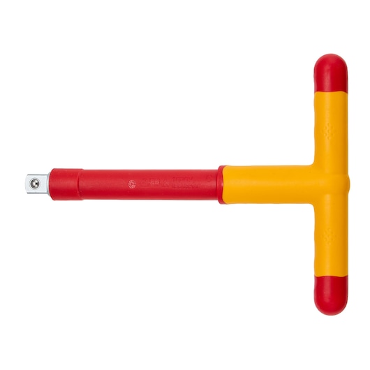 STANLEY STMT77851-LA insulated T-handle socket wrench, red and yellow, top view, white background.