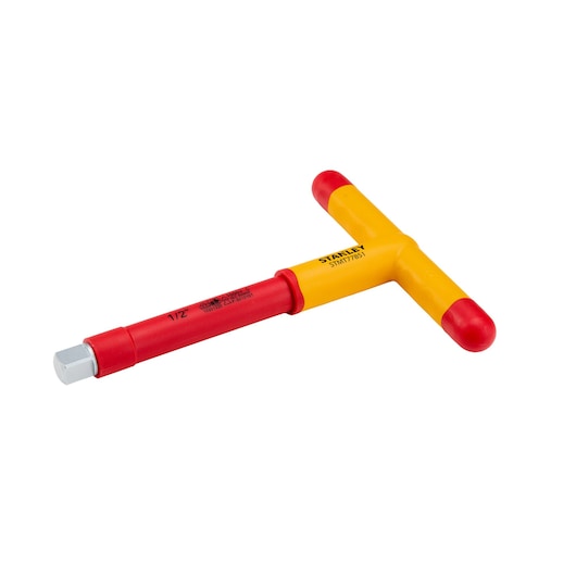 STANLEY STMT77851-LA insulated T-handle hex key, red and yellow, photography, side angle on white background.