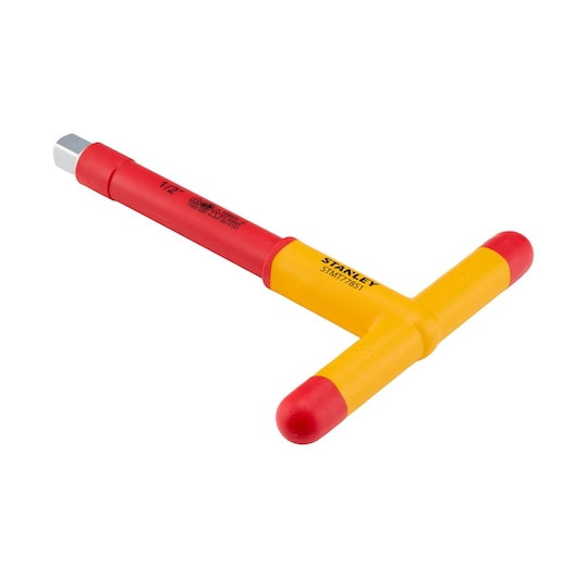 STANLEY STMT77851-LA insulated T-handle hex key, red and yellow, side angle on white background.