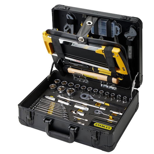 STANLEY STMT98109-LA tool kit in a black hard case, open to show assorted hand tools, sockets, and accessories, angled view.