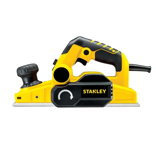 STANLEY STPP7502-B2 electric planer in yellow and black, side view on white background.