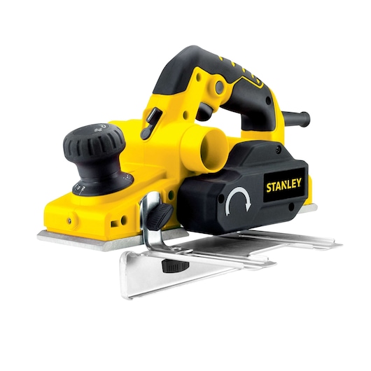 Photo of STANLEY STPP7502-B2 yellow and black electric planer, side angle on white background.