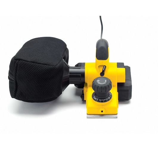 STANLEY STPP7502-B2 electric planer with yellow body, dust bag, and top view on white background.