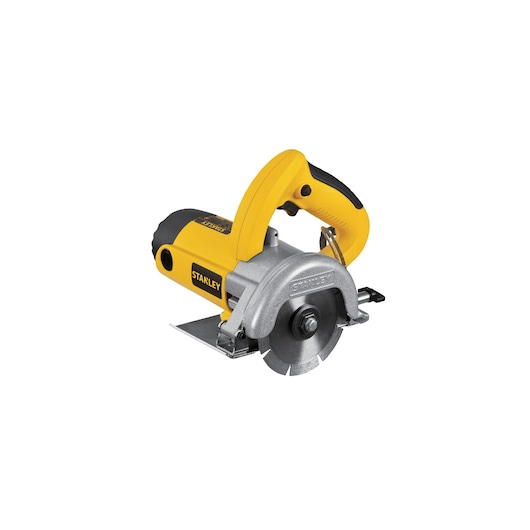 STANLEY STSP125-KR yellow and black circular saw, side angle, with metal blade and ergonomic handle.