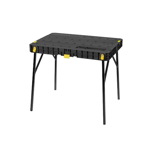 STANLEY STST11552 portable black workbench with foldable legs photographed from front angle on white background.