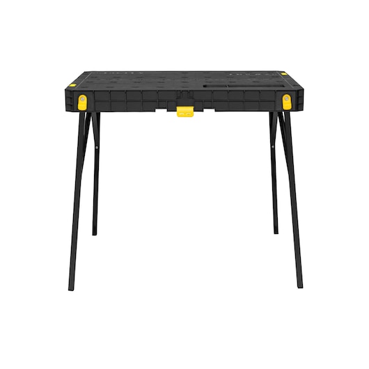 Stanley STST11552 black folding workbench with yellow accents, photography from front angle on white background.