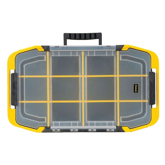 Top view of STANLEY yellow and black plastic organizer box with clear lid and handle, compartment dividers visible