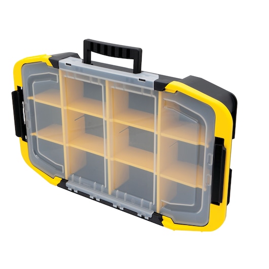 STANLEY STST14440 organizer box with clear lid, yellow and black, angled view photo.