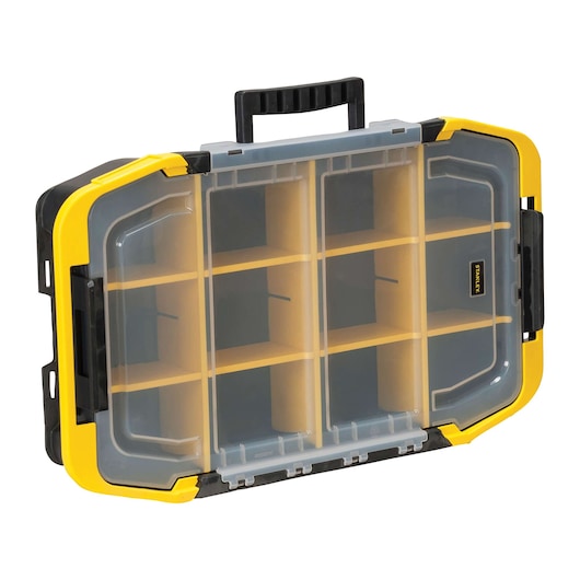 Stanley organizer box angled front, yellow and black, clear lid, multiple storage compartments