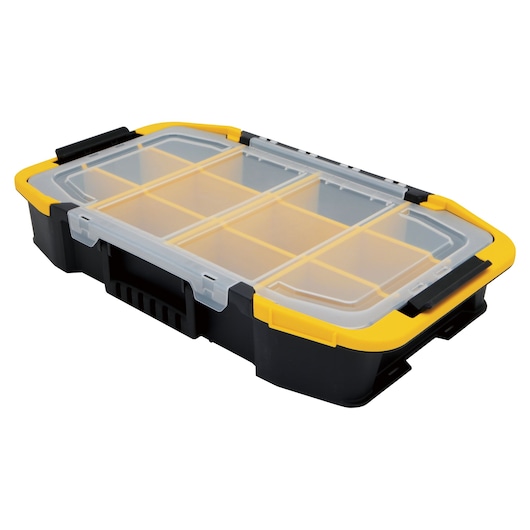 STANLEY STST14440 organizer box with clear lid, yellow and black plastic, angled on white background.