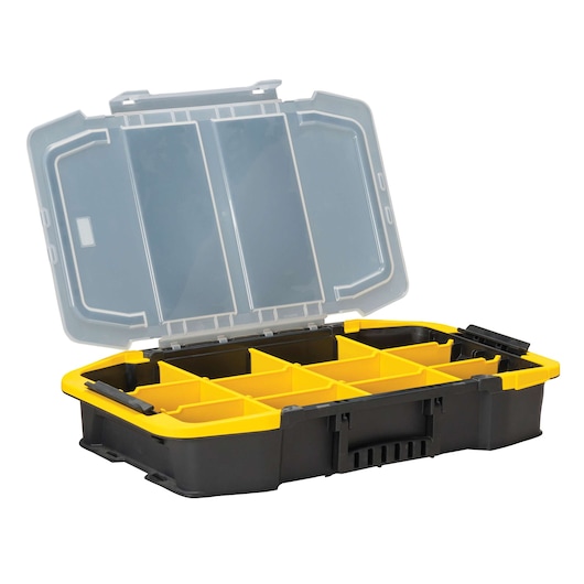 Stanley organizer box with clear lid, yellow dividers, black base, angled on white background