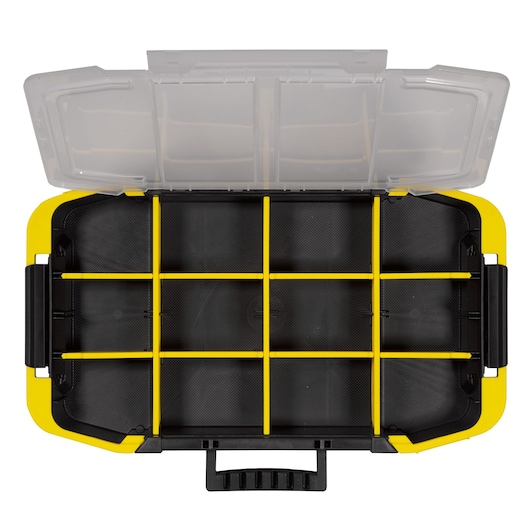 STANLEY STST14440 organizer box with yellow dividers and clear lid, top view, photography.