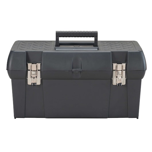 Stanley black toolbox front view with metal latches and textured lid on white background