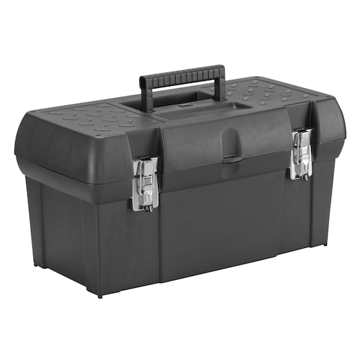 Stanley black plastic toolbox with metal latches, top handle, three-quarter angle, white background.