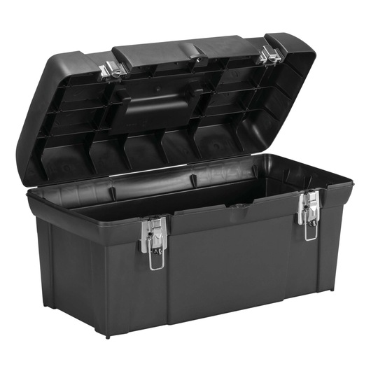 Stanley black plastic toolbox front angle with open lid and metal latches on white background