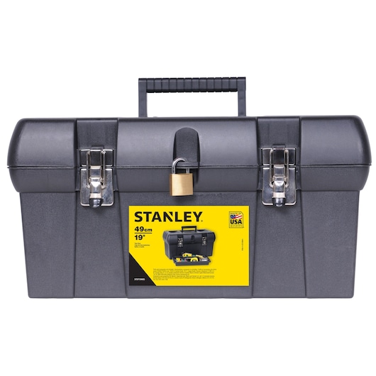 STANLEY STST19005 black 19-inch toolbox with handle, metal latches, padlock, front view on white background.