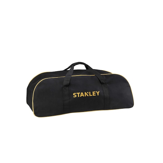 STANLEY SW75-BR black duffel bag with yellow trim, front angle on white background, photography.